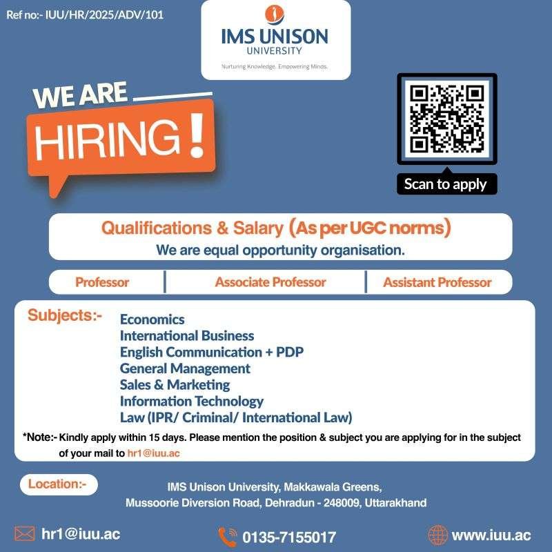 IMS Unison University, Dehradun – Faculty Hiring Announcement