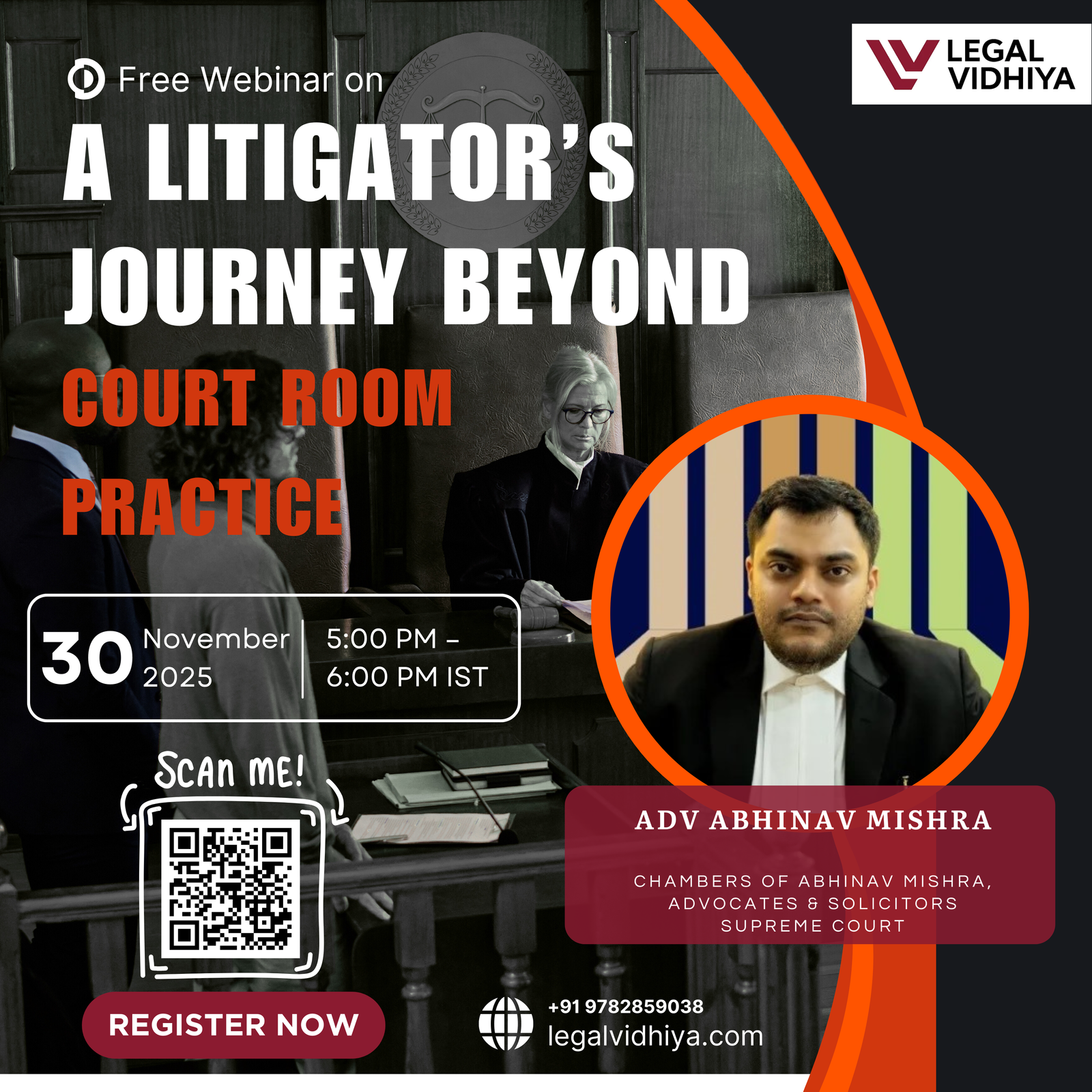 Free Live Webinar on A LITIGATOR'S JOURNEY BEYOND  COURT ROOM PRACTICE by Legal Vidhiya [30 Nov 2025 at 05:00 PM]